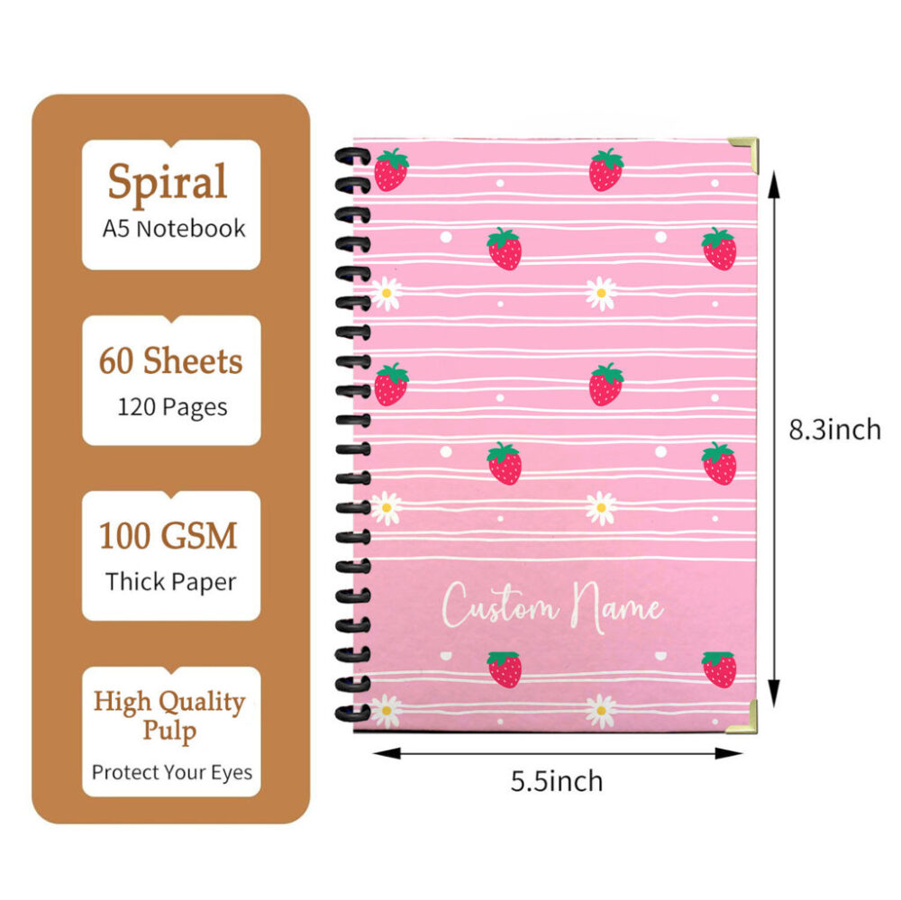 Personalized Spiral Notebook Pink Seamless Pattern with Strawberries, Daisies, White Stripes, and Dots 120 Pages, 5.5 x 8.3 inch 2 3 PERNOTE188