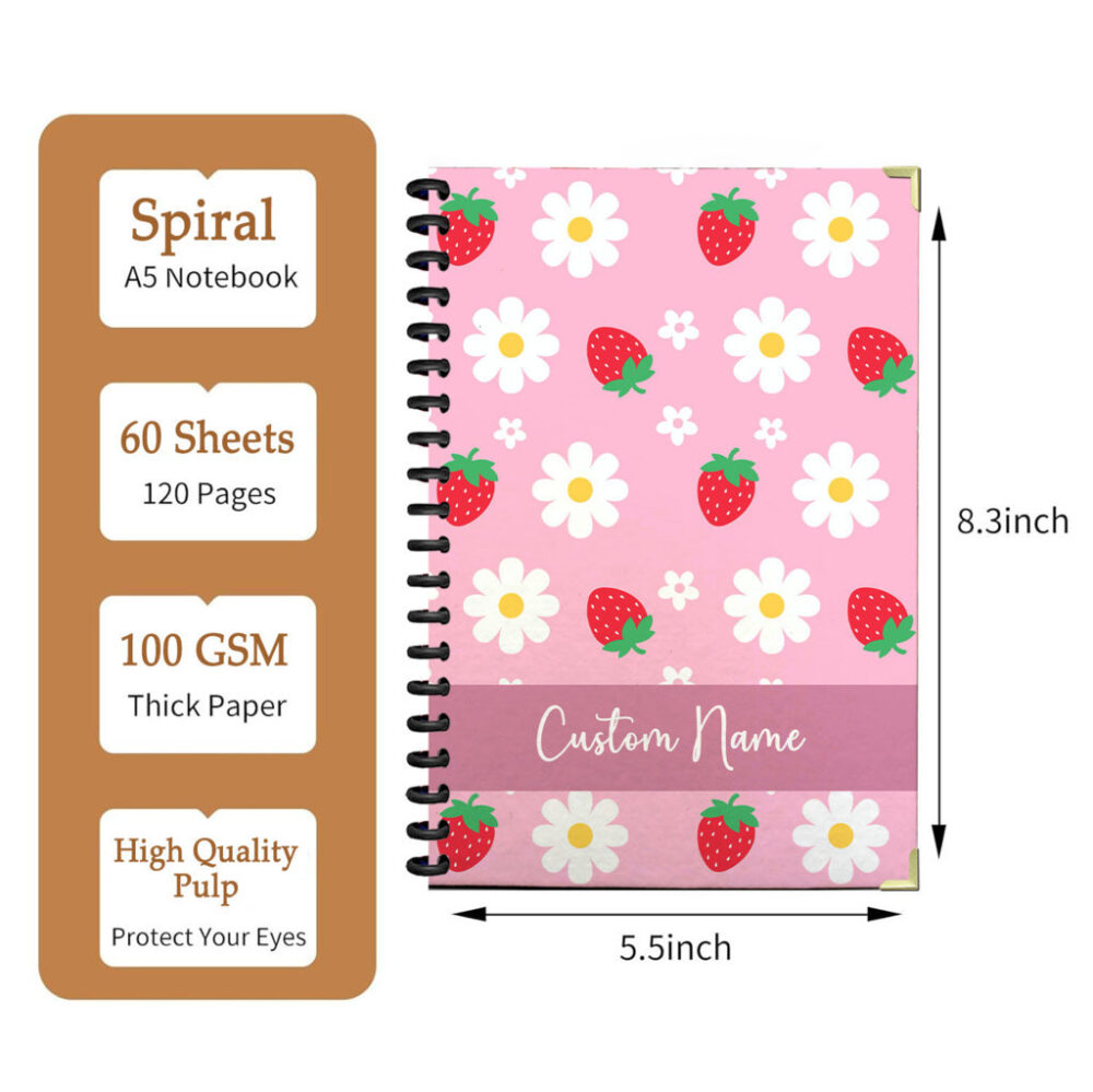 Personalized Spiral Notebook Red Strawberries and White Daisies Pattern 120 Pages, 5.5 x 8.3 inch 2 3 PERNOTE189