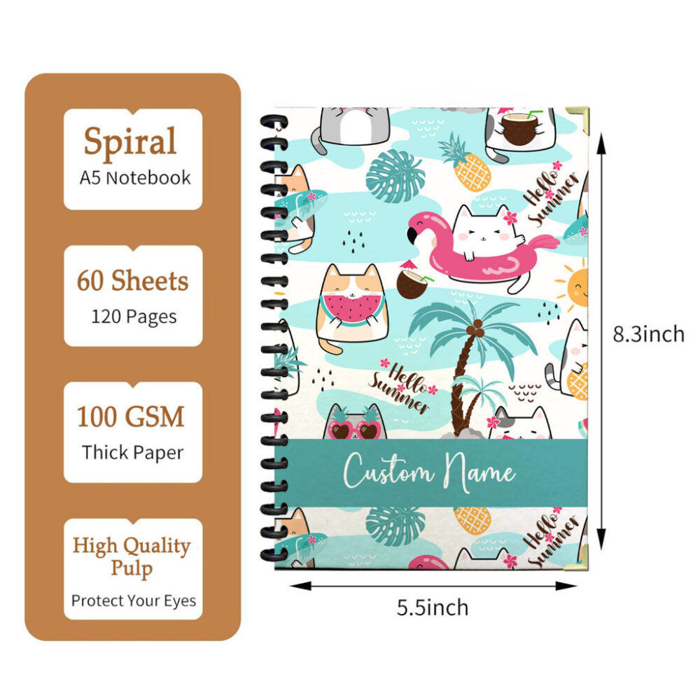 Personalized Spiral Notebook Playful Cartoon Cats Summer Pattern with Palm Trees, Pineapples, “Hello Summer” Text on Light Blue Background, Fun Tropical Journal 120 Pages, 5.5 x 8.3 inch 2 3 PERNOTE195