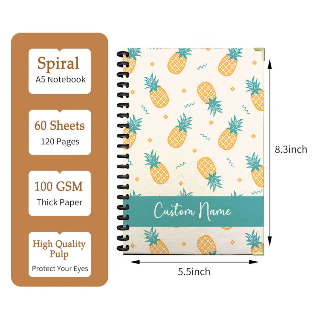 Personalized Spiral Notebook Playful Yellow Pineapples with Teal Leaves, Orange Wavy Lines and Diamond Shapes on Light Cream Background, Tropical Summer Journal 120 Pages, 5.5 x 8.3 inch 2 3 PERNOTE196