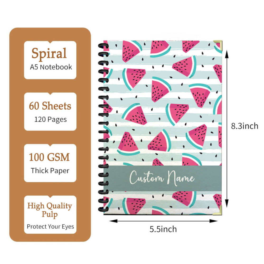 Personalized Spiral Notebook Vibrant Pink Watermelon Slices with Teal Rinds and Black Seeds on Light Blue Background with White Brush Strokes, Fun Summer Pattern Journal 120 Pages, 5.5 x 8.3 inch 2 3 PERNOTE197