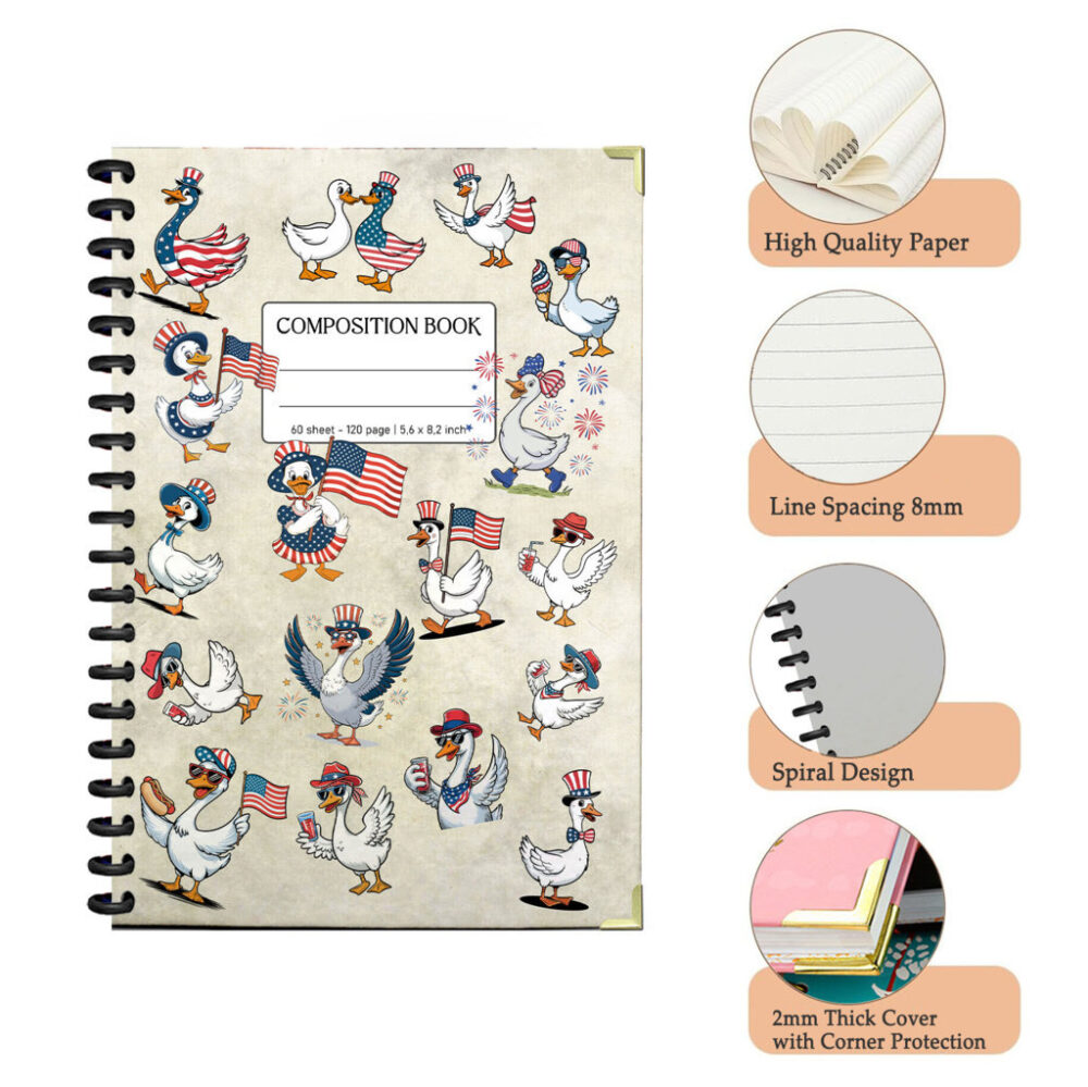 Celebrate Independence Day with Quacky Charm! Patriotic Goose in Hilarious Poses 5,5 x 8,3 inch 120-Page Spiral Notebook Journaling. 3 4 NOTB0001