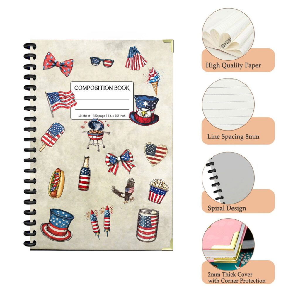 Celebrate Freedom with Flair! Illustrations of Classic American Icons 5,5 x 8,3 Inch 120-Page Spiral Notebook Journaling. 3 4 NOTB0003