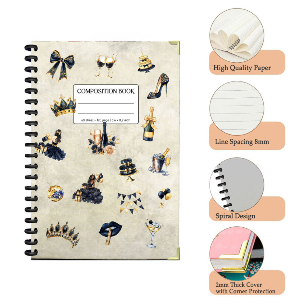 Luxury Black & Gold Composition Spiral Notebook 5,5 x 8,3 Inch 120 Page Glam Party Journal for Women 3 4 NOTB0004