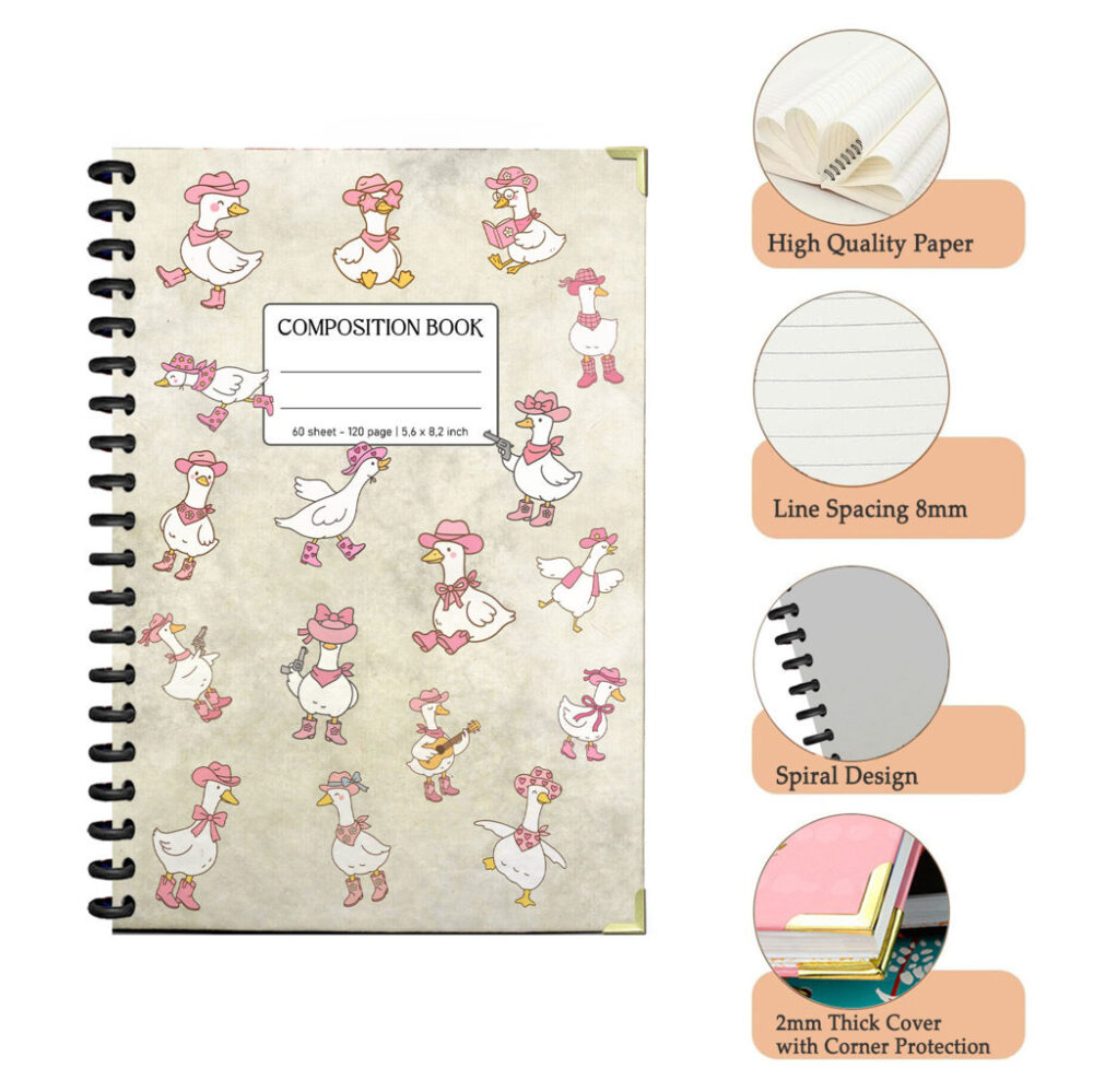 Cowgirl Goose Spiral Notebook Cute Western Cartoon Composition Book in Pastel Pink, 120 Pages, 5.5 x 8.3 Inch for Girls & Journaling 3 4 NOTB0006