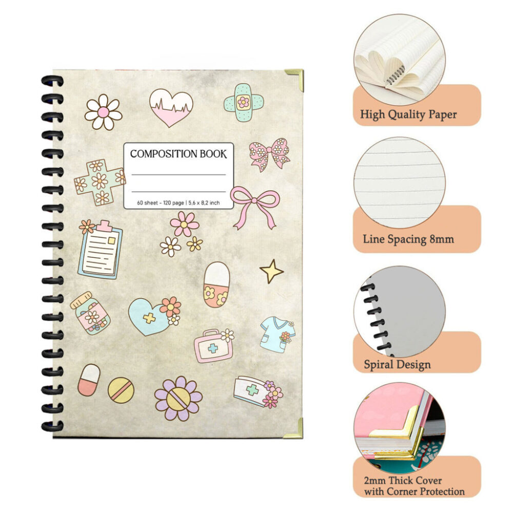 Cute Nurse Spiral Notebook - Kawaii Medical Composition Book with Pastel Pills, Syringe & Coffee Cup 120 Pages 5.6 x 8.2 inch 3 4 NOTB0013