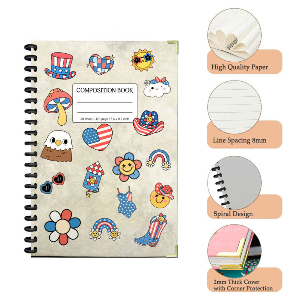 Cute 4th of July USA Flag Patriotic Composition Spiral Notebook Retro Y2K American 120 Pages, 5.6x8.2 inch Journal for Girls Teens 3 4 NOTB0018