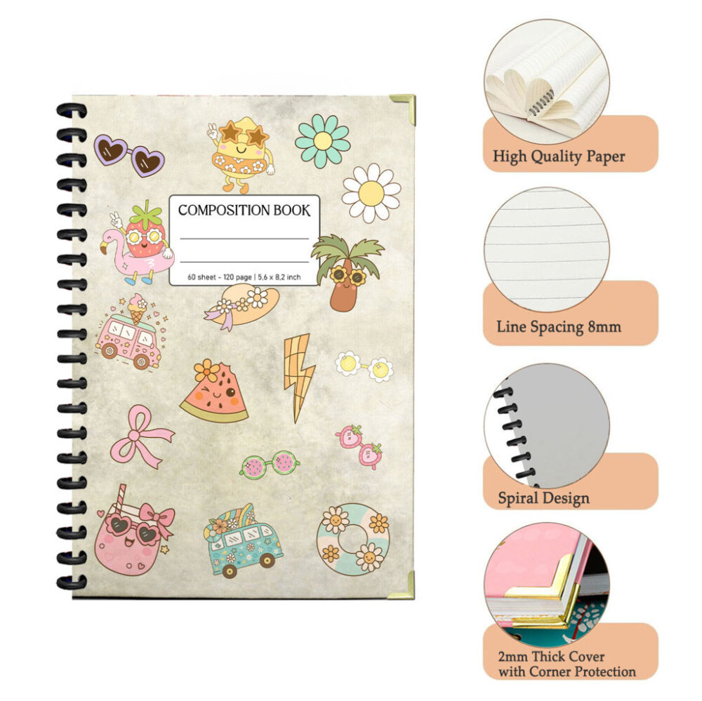 Cute Summer Aesthetic Composition Notebook – 120 Pages, 5.6x8.3 Inch Pastel Boho Kawaii Notebook for Girls, Teens, School or Journaling 3 4 NOTB0024