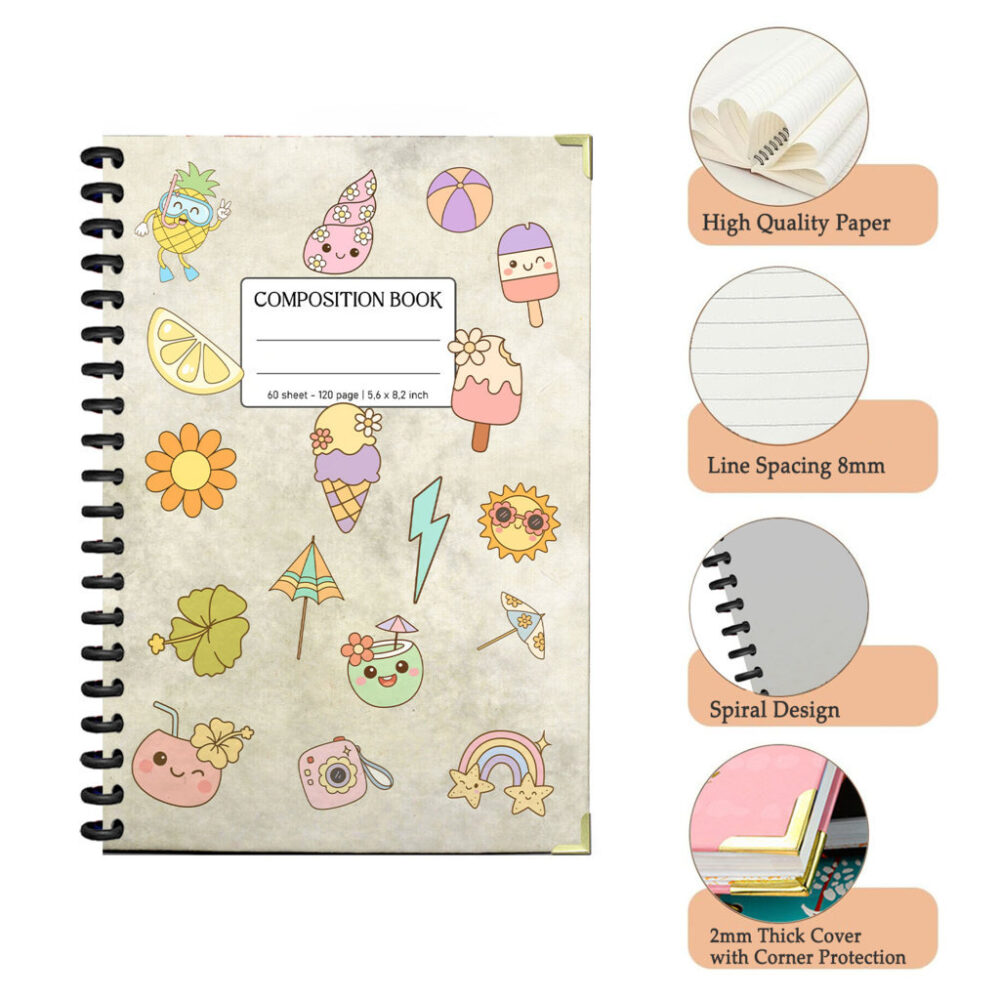 Cute Kawaii Journal with Pastel Beach & Fruit Doodles Fun Summer Vibes Spiral Notebook 120 Pages Lined, 5.6x8.3” for Girls, Teens 3 4 NOTB0025