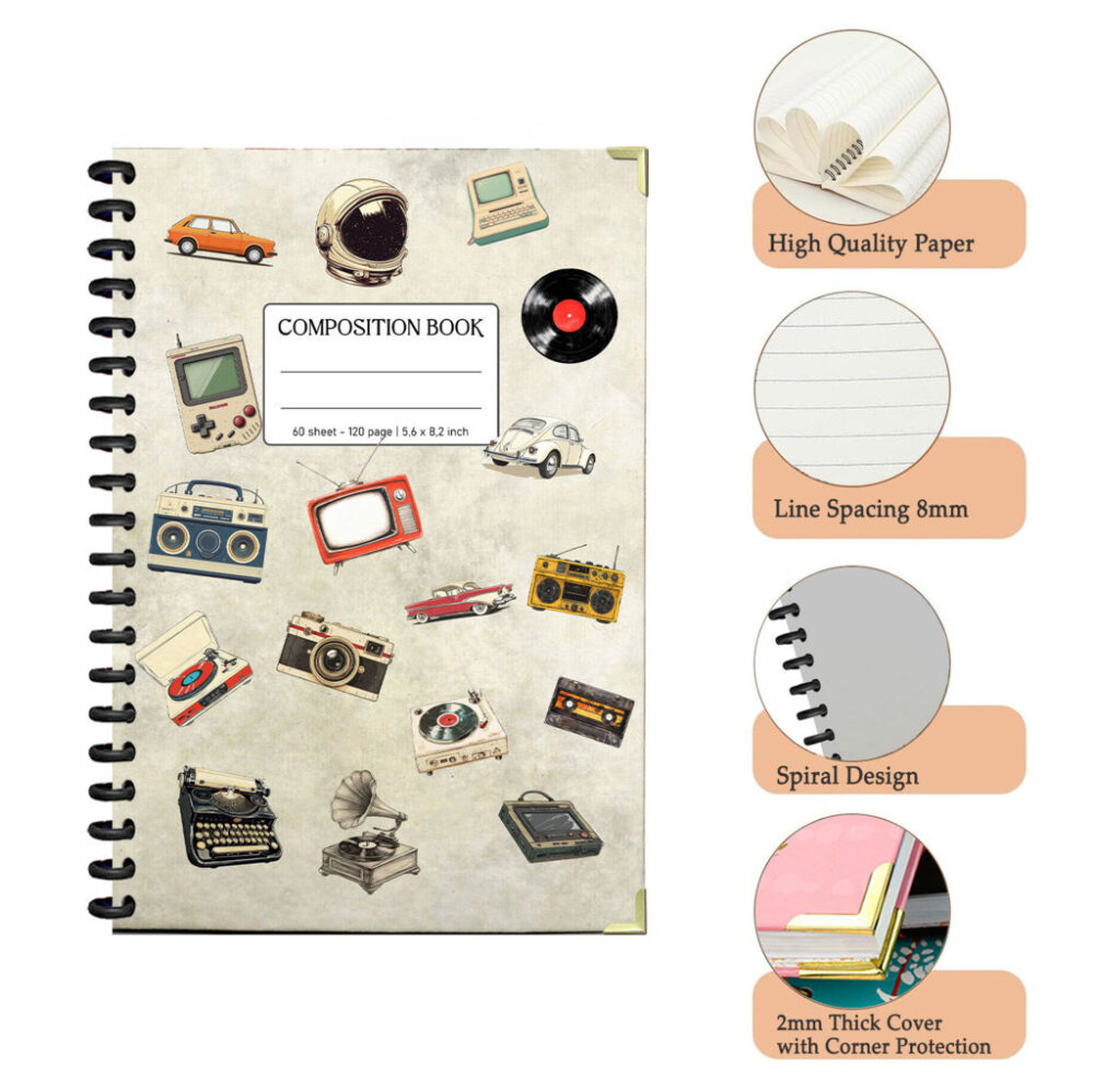 Retro Gamer Composition Spiral Notebook Vintage Tech & Media Theme Journal for Teens & Adults 5.5x8.3" 120 Pages Lined Notebook 3 4 NOTB0027