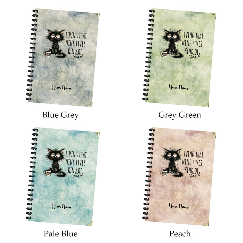Tired Black Cat Coffee Funny Spiral Notebook for Lazy Days 5.5 x 8.3 in, 120 Lined Pages Grumpy Cat Journal for Coffee Lovers & Sleepyheads 3 4 NOTB0043