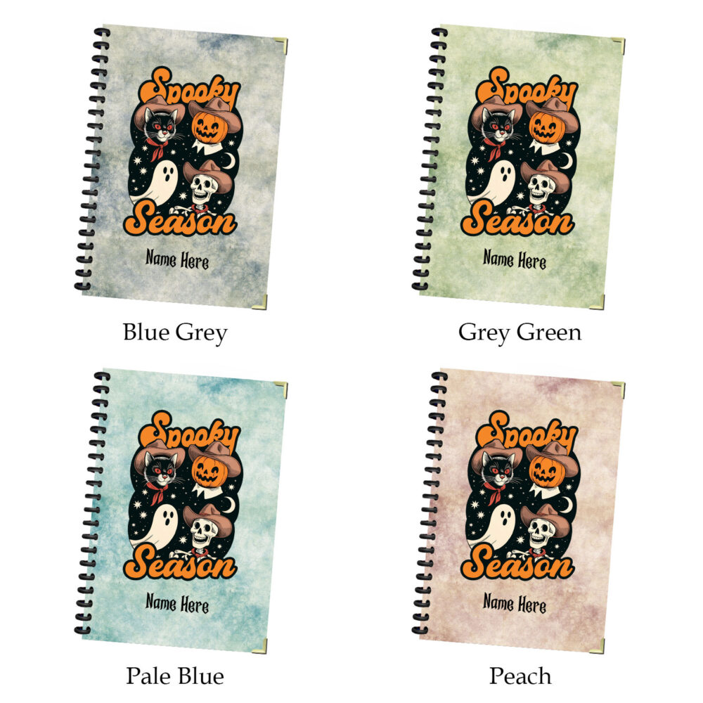 Vintage Western Halloween Cowboy Cat, Pumpkin, Skeleton & Ghost Design Season Spiral Notebook Durable Journal 120 Pages, 5.5 x 8.3 3 4 NOTB0185