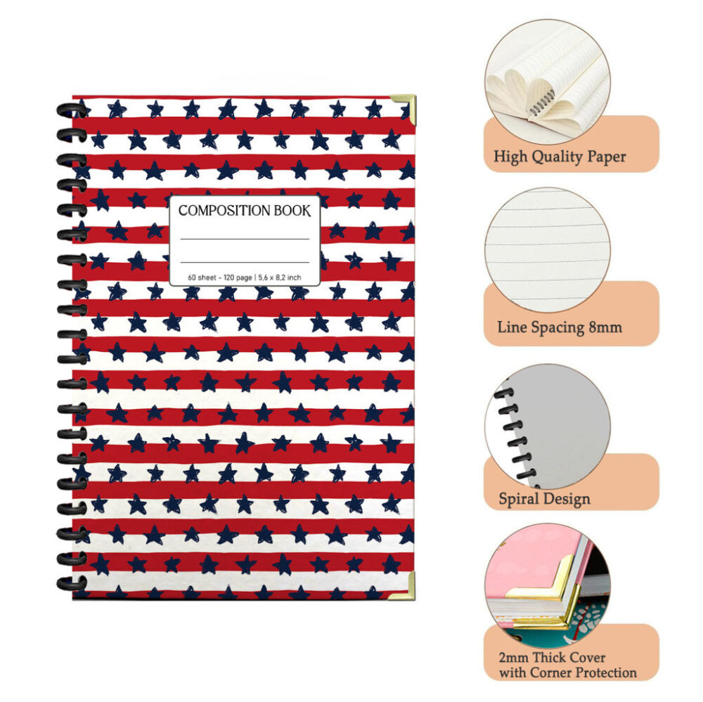 Spiral Notebook USA Stars Stripes 4th July Independence Day Patriotic American Flag Journal 120 Pages, 5.5 x 8.3 inch 3 4 PERNOTE104 1