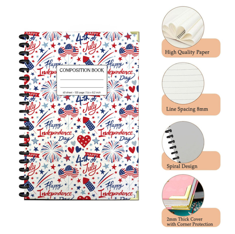 Spiral Notebook Fourth July Patriotic Seamless Pattern Red White Blue Independence Celebration 120 Pages, 5.5 x 8.3 inch 3 4 PERNOTE105 1