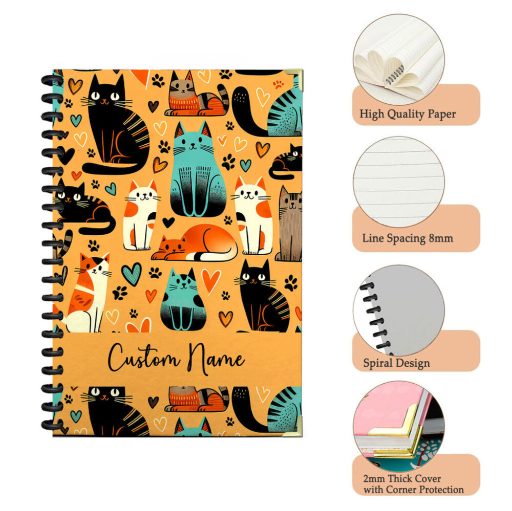 Personalize Spiral Notebook Cat Seamless Pattern, Funny Cartoon Animals 120 Pages, 5.5 x 8.3 inch 3 4 PERNOTE118