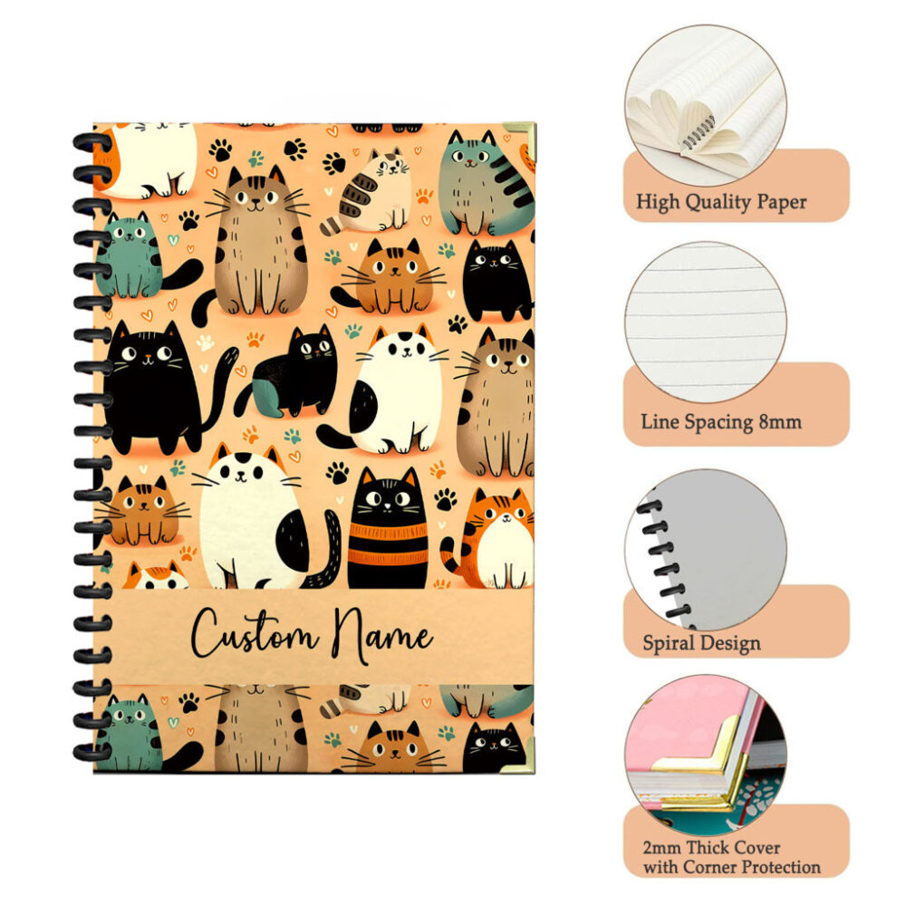 Personalize Spiral Notebook Cat Seamless Pattern Funny Cartoon 120 Pages, 5.5 x 8.3 inch 3 4 PERNOTE119