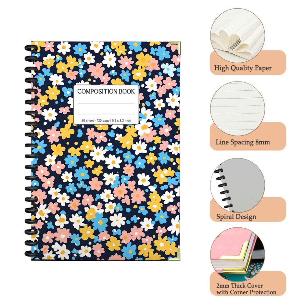 Spiral Notebook Colorful Flowers Seamless Pattern Rainbow Floral Garden Botanical Nature Journal 120 Pages, 5.5 x 8.3 inch 3 4 PERNOTE134 1