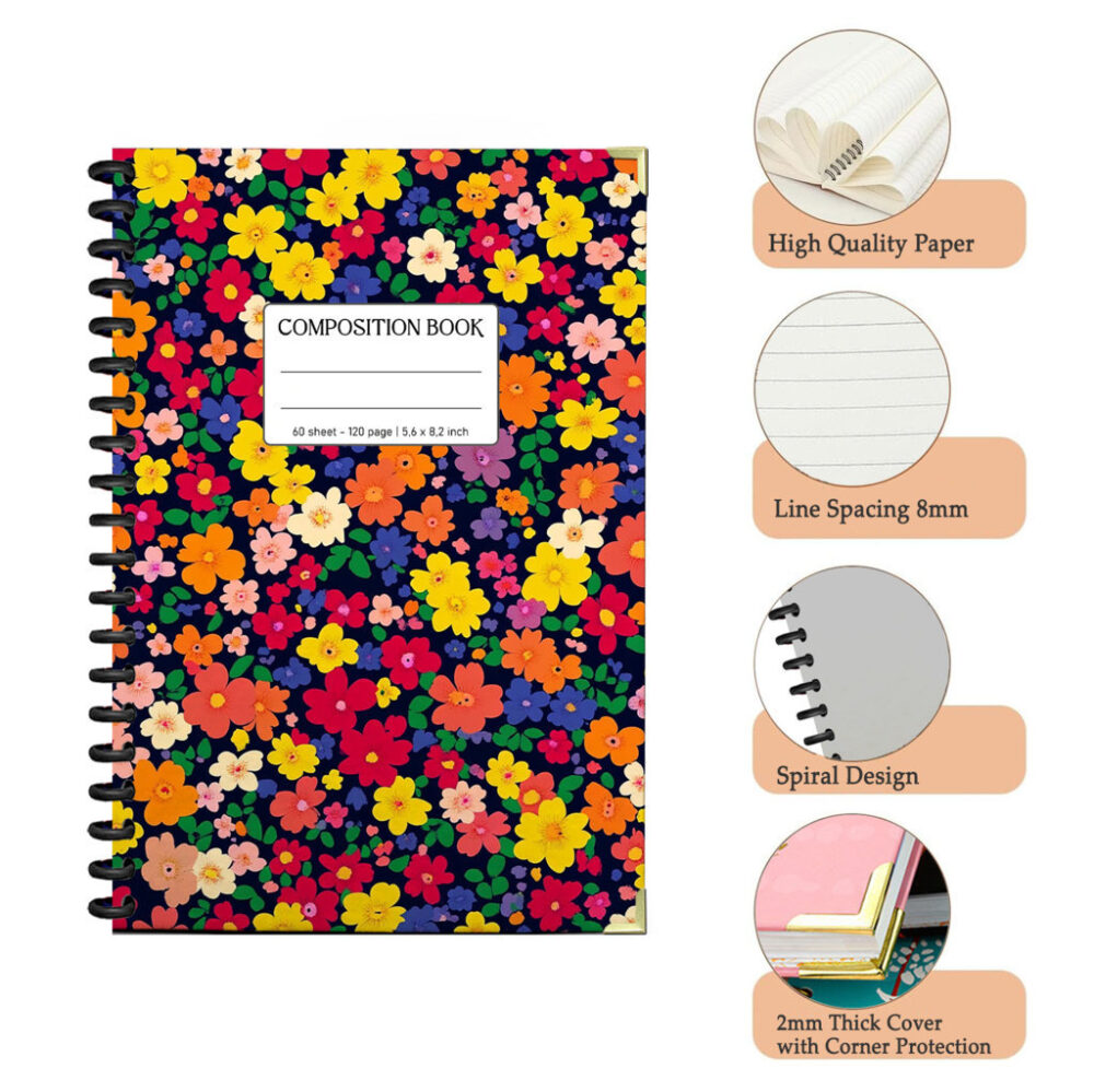 Spiral Notebook Watercolor White Yellow Floral Pattern Lemons Citrus Fruit Garden Design Journal 120 Pages, 5.5 x 8.3 inch 3 4 PERNOTE141 1
