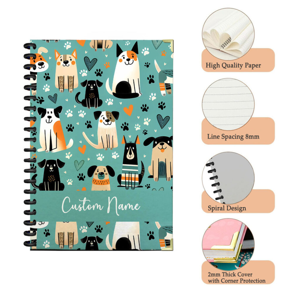 Personalize Spiral Notebook Dog Puppy Cartoon Animal Seamless Pattern 120 Pages, 5.5 x 8.3 inch 3 4 PERNOTE149