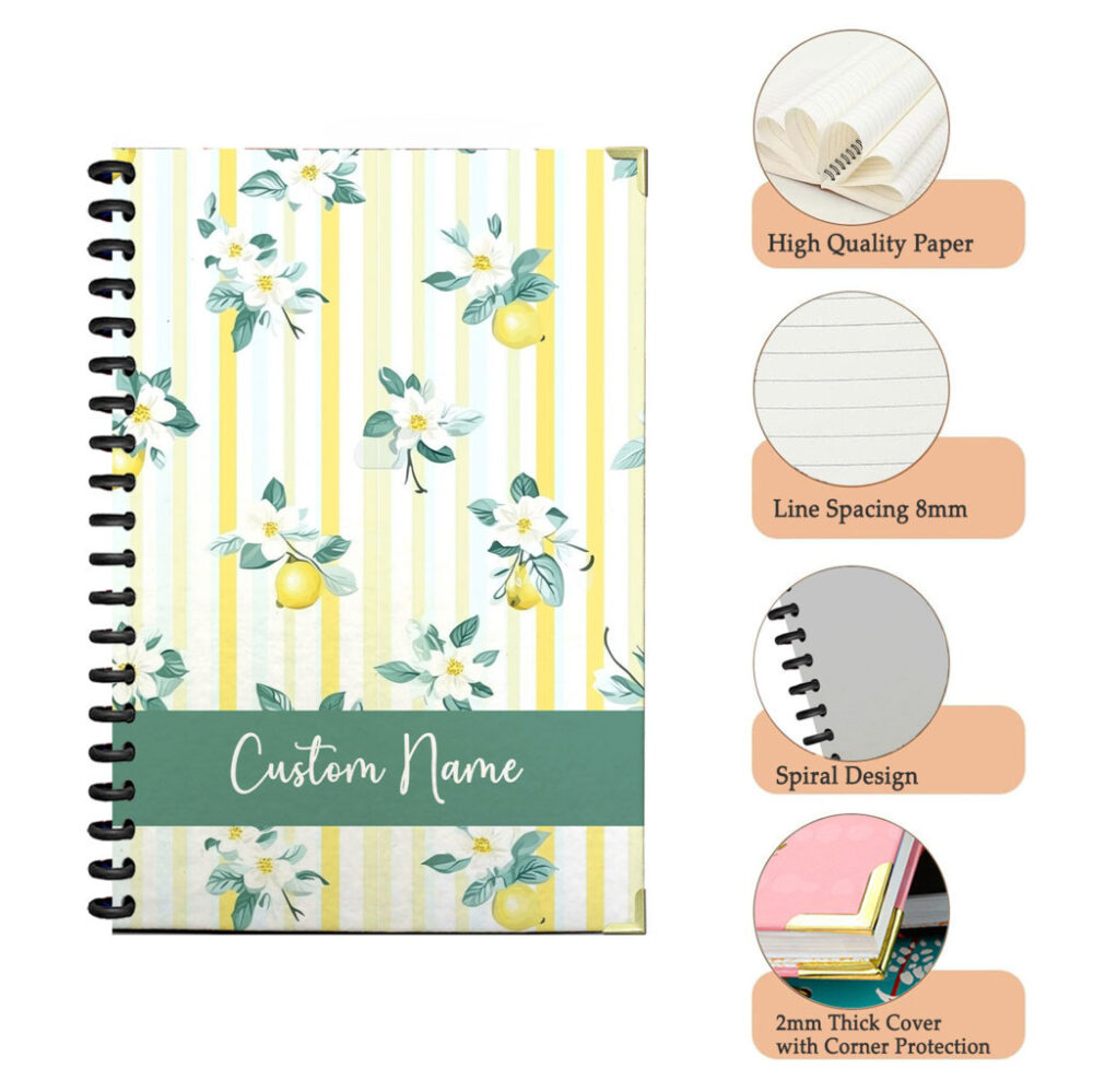 Personalize Spiral Notebook Lemon Fruits Leaves Flowers Seamless Pattern 120 Pages, 5.5 x 8.3 inch 3 4 PERNOTE156