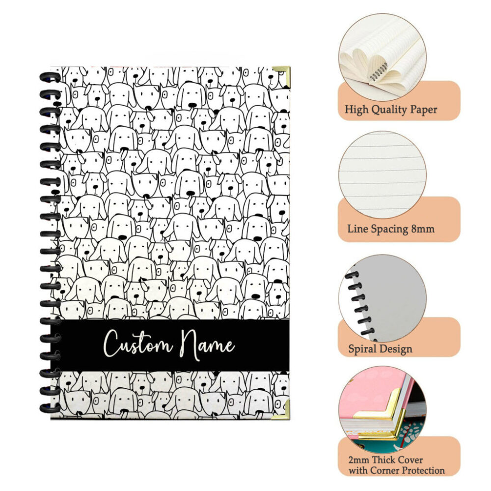 Personalize Spiral Notebook Minimalist Dog Line Art Seamless Pattern 120 Pages, 5.5 x 8.3 inch 3 4 PERNOTE165