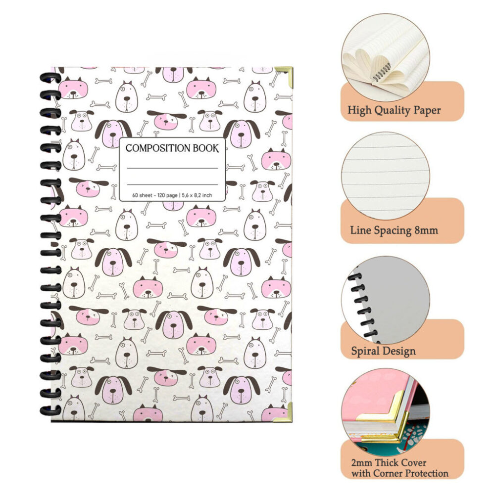 Spiral Notebook Playful Monochrome Dogs Bones Paw Prints Food Bowls Hand Drawn Pet Pattern Journal 120 Pages, 5.5 x 8.3 inch 3 4 PERNOTE170 1