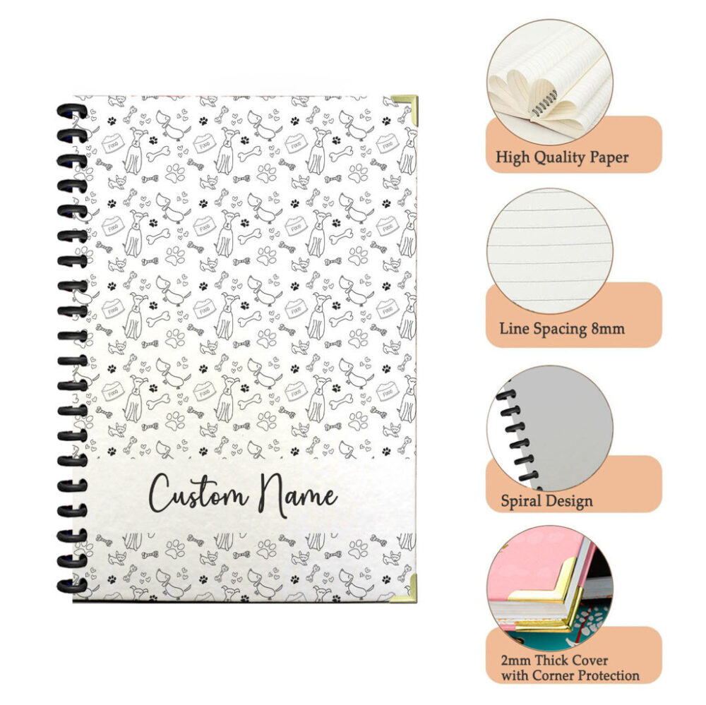Personalize Spiral Notebook A Playful Monochrome Seamless Pattern Hand-Drawn Outline Dogs, Bones, Paw Prints, and Food Bowls 120 Pages, 5.5 x 8.3 inch 3 4 PERNOTE181