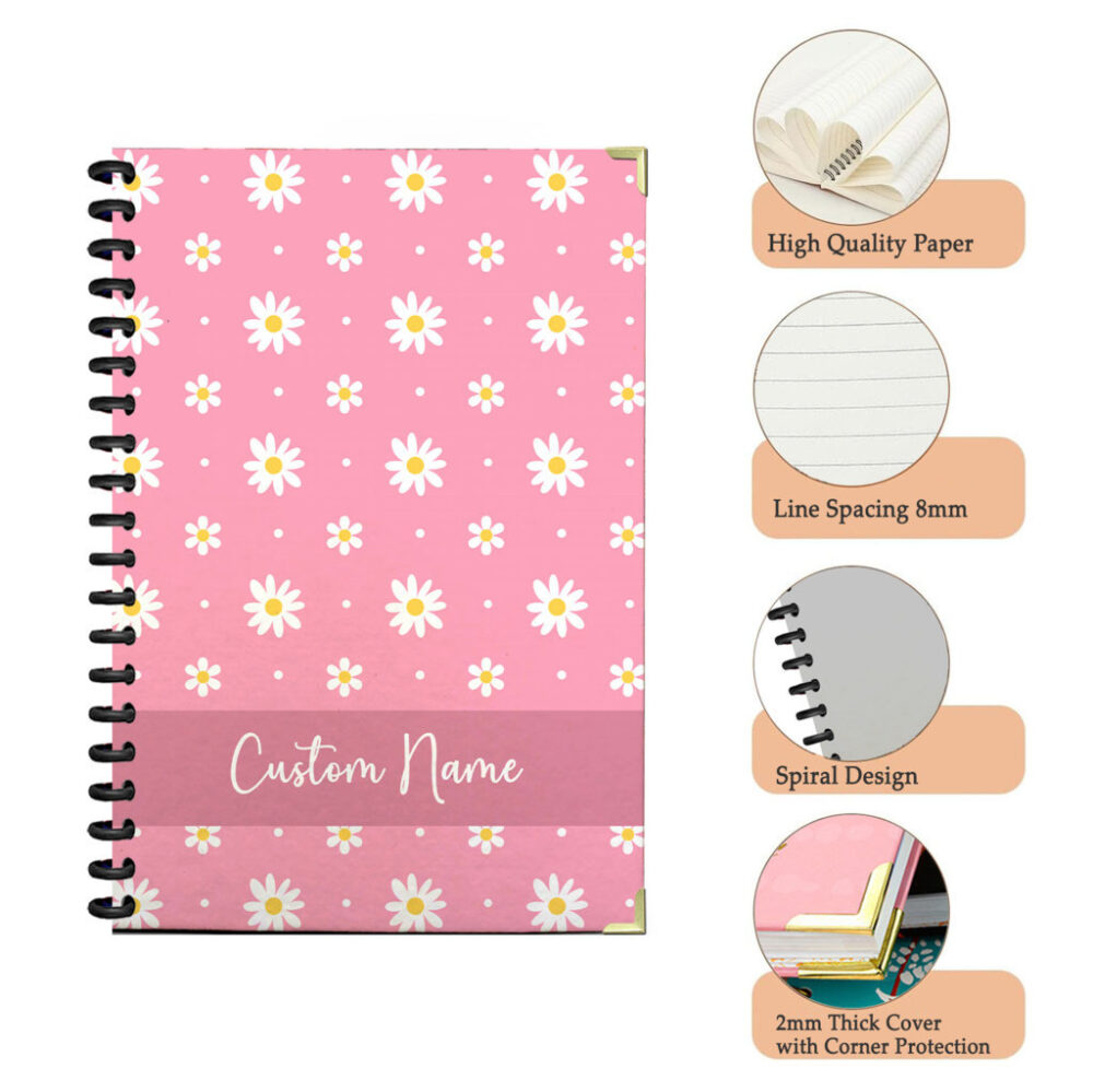 Personalized Spiral Notebook Pink Daisy Floral Pattern with White Dots 120 Pages, 5.5 x 8.3 inch 3 4 PERNOTE186