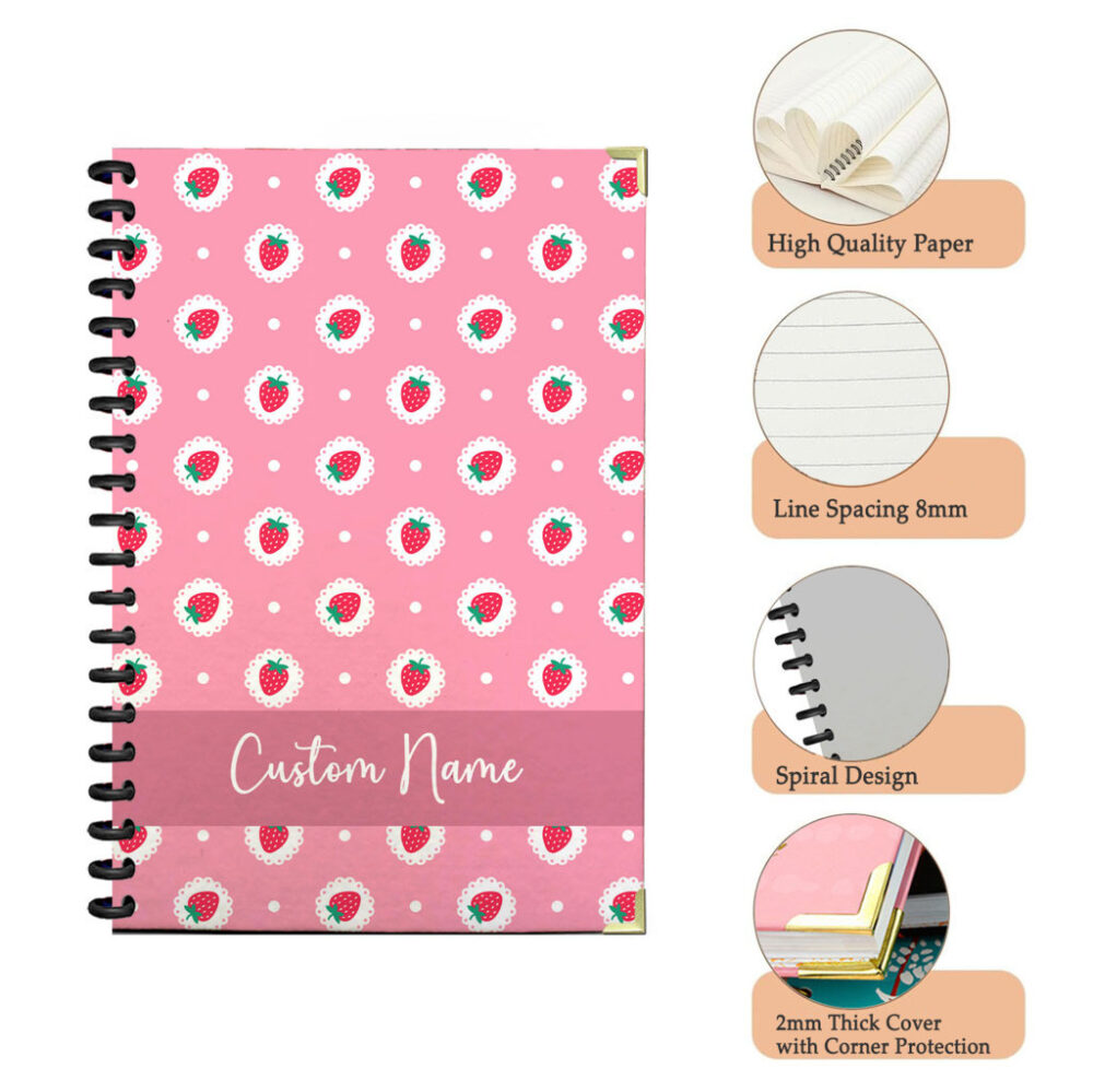 Personalized Spiral Notebook Pink Strawberry Pattern with White Dots and Scalloped Borders 120 Pages, 5.5 x 8.3 inch 3 4 PERNOTE187