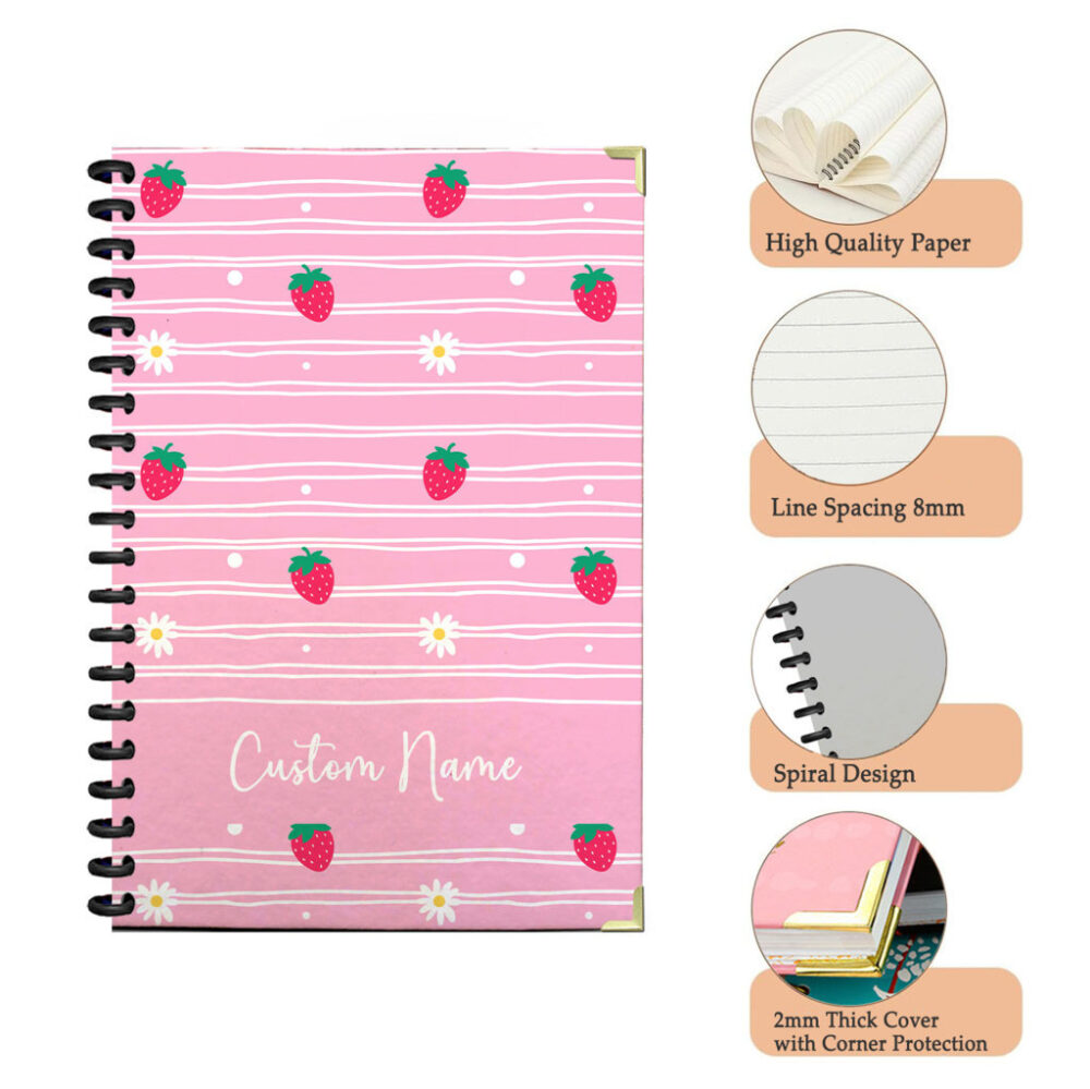 Personalized Spiral Notebook Pink Seamless Pattern with Strawberries, Daisies, White Stripes, and Dots 120 Pages, 5.5 x 8.3 inch 3 4 PERNOTE188