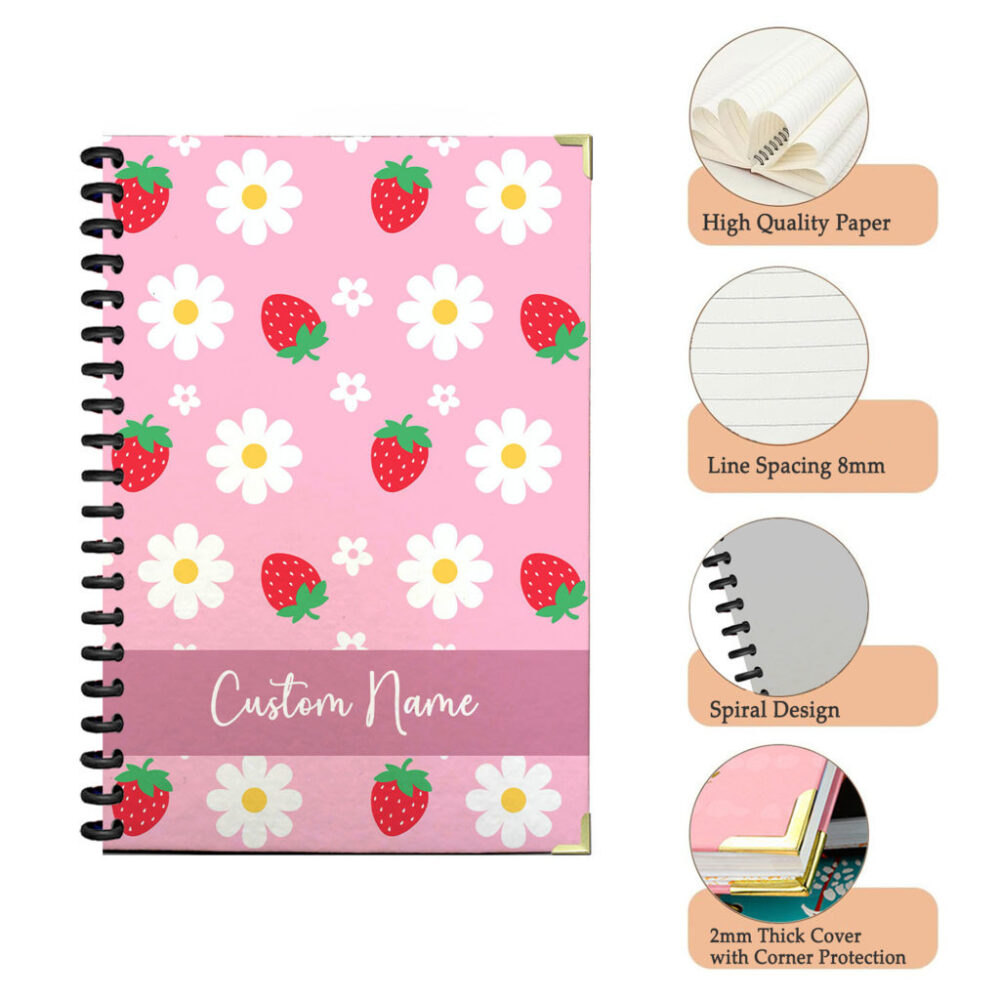 Personalized Spiral Notebook Red Strawberries and White Daisies Pattern 120 Pages, 5.5 x 8.3 inch 3 4 PERNOTE189