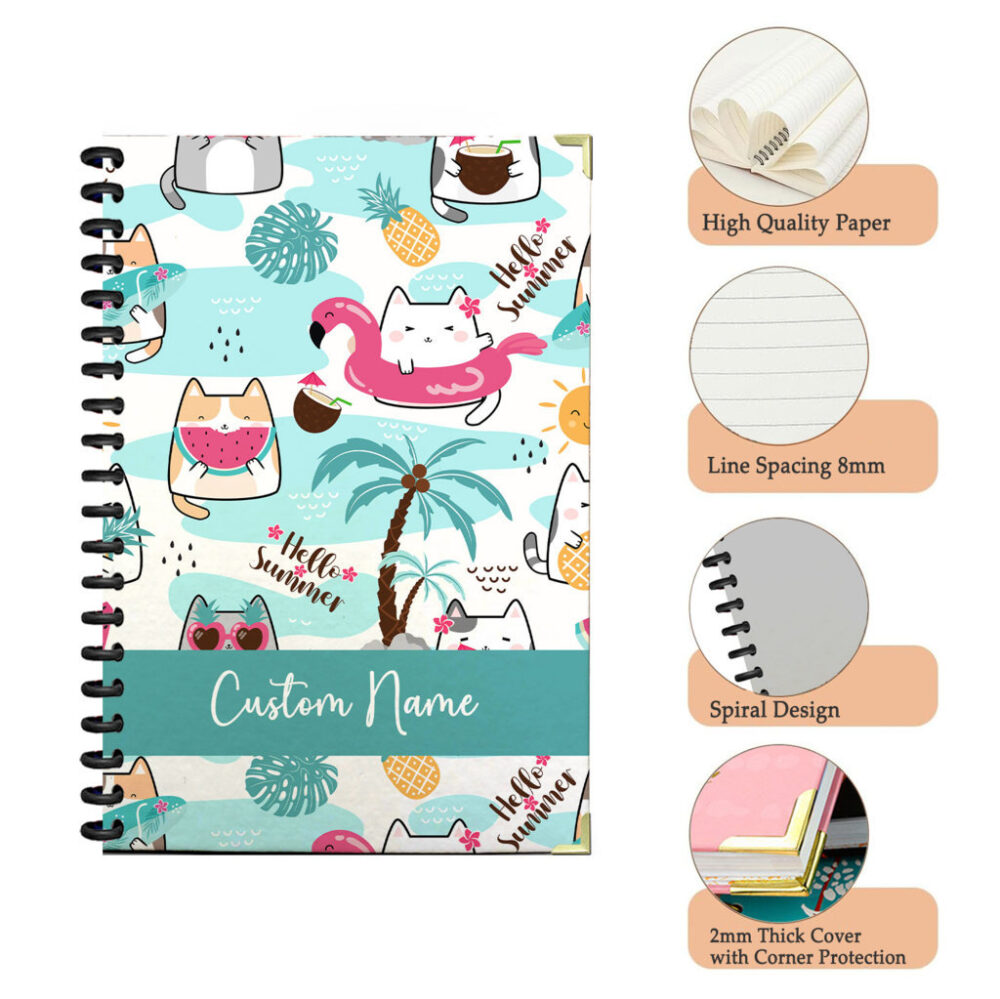 Personalized Spiral Notebook Playful Cartoon Cats Summer Pattern with Palm Trees, Pineapples, “Hello Summer” Text on Light Blue Background, Fun Tropical Journal 120 Pages, 5.5 x 8.3 inch 3 4 PERNOTE195