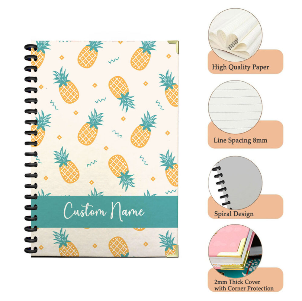 Personalized Spiral Notebook Playful Yellow Pineapples with Teal Leaves, Orange Wavy Lines and Diamond Shapes on Light Cream Background, Tropical Summer Journal 120 Pages, 5.5 x 8.3 inch 3 4 PERNOTE196