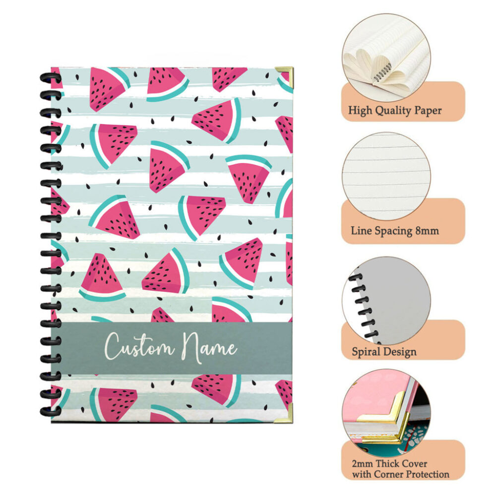Personalized Spiral Notebook Vibrant Pink Watermelon Slices with Teal Rinds and Black Seeds on Light Blue Background with White Brush Strokes, Fun Summer Pattern Journal 120 Pages, 5.5 x 8.3 inch 3 4 PERNOTE197