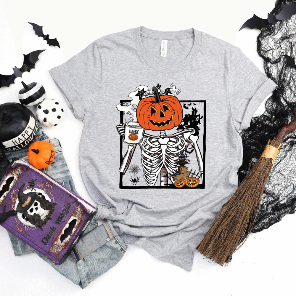Pumpkin Skeleton Drinking Coffee Shirt, Funny Halloween T shirt, Skeleton Coffee Lover Shirts, Enjoy Pumpkin Sweatshirt, Coffee Lover Tees 3 1523000739 3